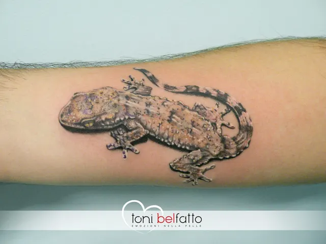 Tatuaggio realistico di un geco sull'avambraccio