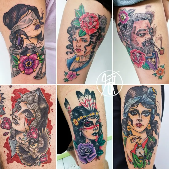 Tatuaggi old school a colori: volti femminili